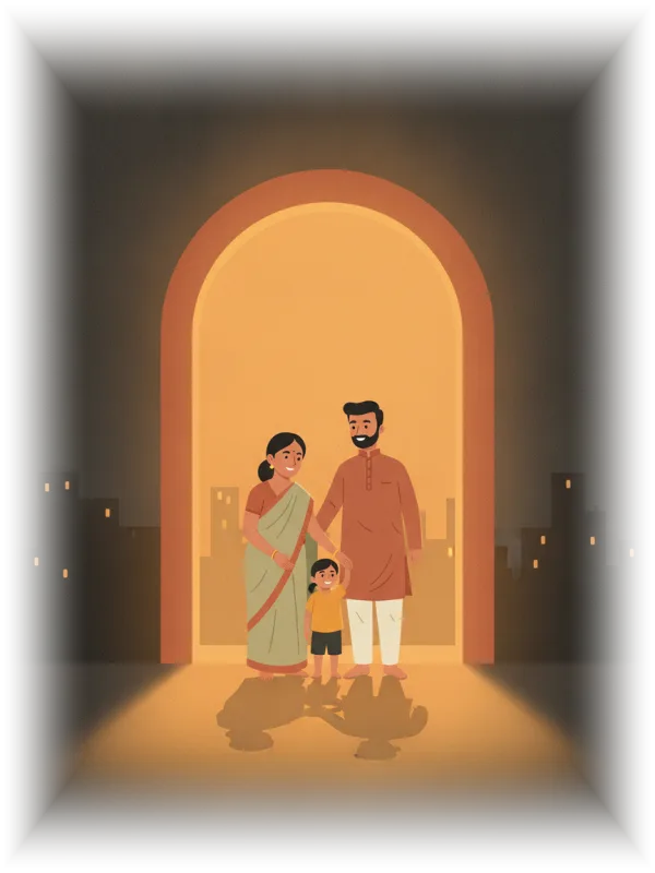 A family arriving at the glowing doorway of their new home at night
